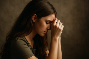 A natural-light photograph of a young woman with long, uncut hair praying with her eyes closed, capturing a peaceful expression of surrender and spiritual reverence.