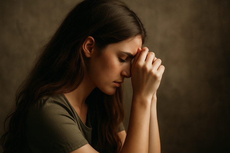 A natural-light photograph of a young woman with long, uncut hair praying with her eyes closed, capturing a peaceful expression of surrender and spiritual reverence.