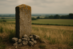 A weathered stone landmark stands alone in a rural field, surrounded by dry grass and distant trees under a cloudy sky.