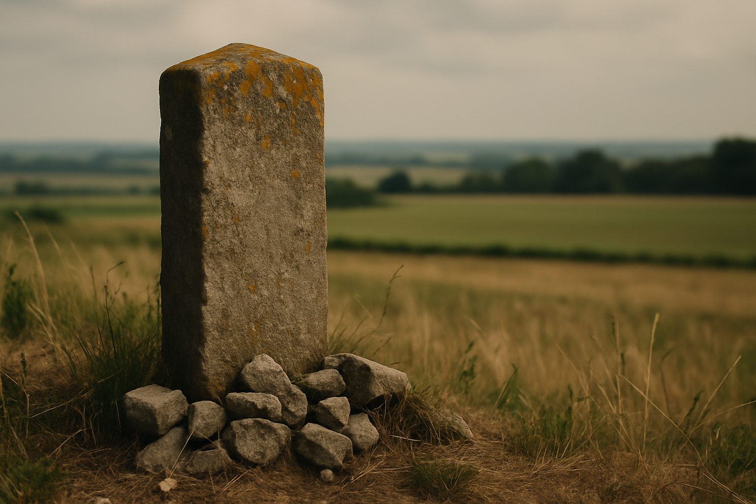 A weathered stone landmark stands alone in a rural field, surrounded by dry grass and distant trees under a cloudy sky.